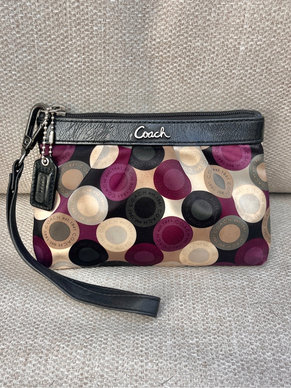 Coach 2010 Circle Pattern Wristlet Y2K Small Satin Black Purple Tan Cream